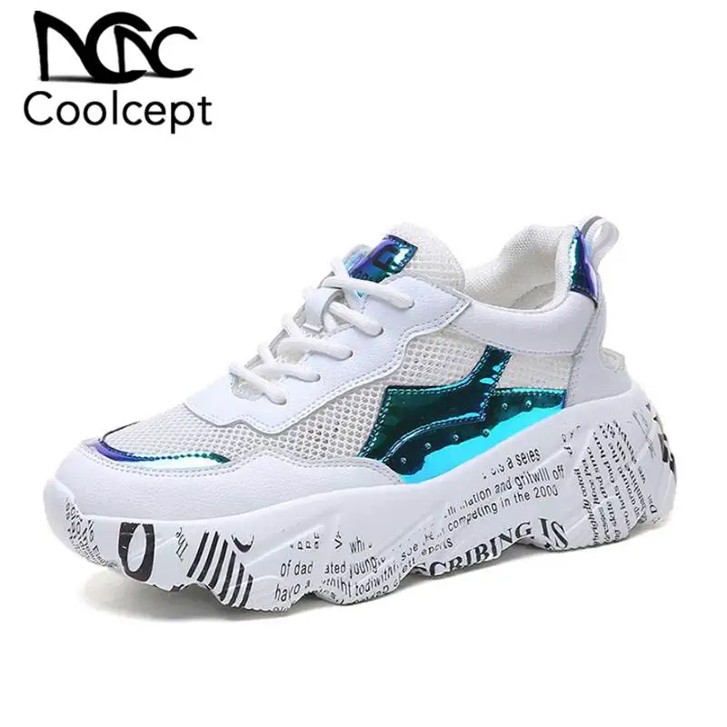 

Coolcept Women Sneakers Mixed Color Lace Up Fly Knitting Wedges Shoes Women Fashion Casual Outdoor Walk Footwear Size 35-40