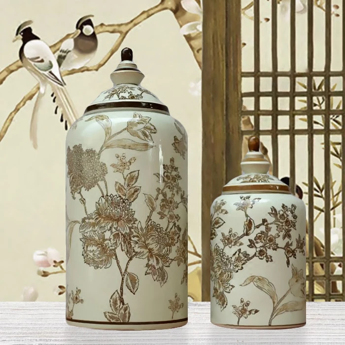 

Jingdezhen Hand-painted Retro Smoked Yellow Cylindrical Decorative Ornaments Storage pot Vases Flower And Bird ceramic jar vase
