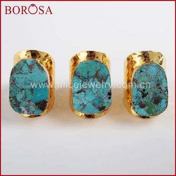 

BOROSA 5/10PCS Gold Color Natural Copper Turquoises Ring for Women, New Arrival Natural Blue Howlite Rings Gems Jewelry G1458
