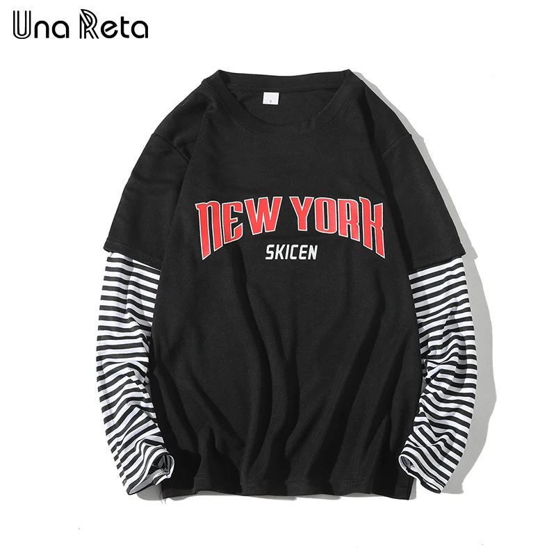 

Una Reta T-Shirt Mens 2019 Spring New Brand Hip-Hop Stripe Splicing Summer Tee Top Fake Two Pieces Long Sleeve Men T Shirt