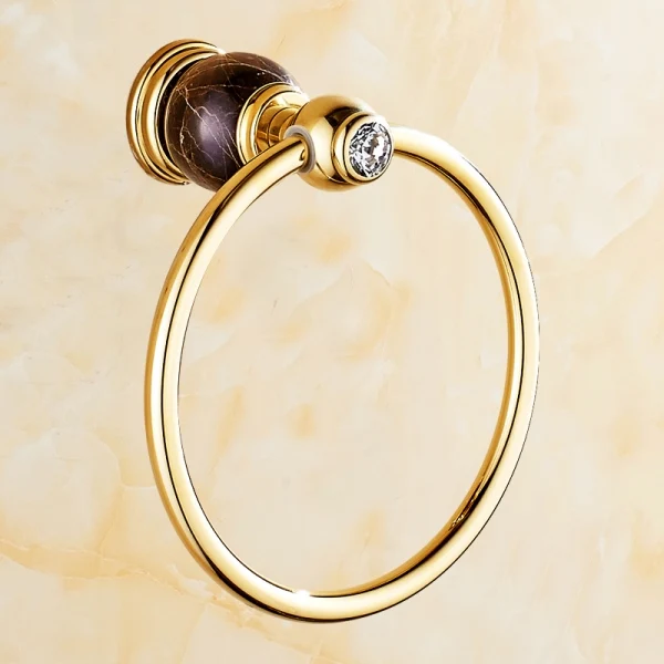 Antique Gold Polished Towel Ring Stone Solid Brass&Marble Towel Holder