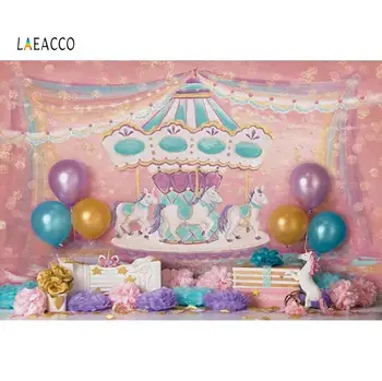 

Laeacco Unicorn Birthday Party Baby Carousel Balloon Gift Cake Curtain Oil Painting Party Photo Background Photography Backdrop