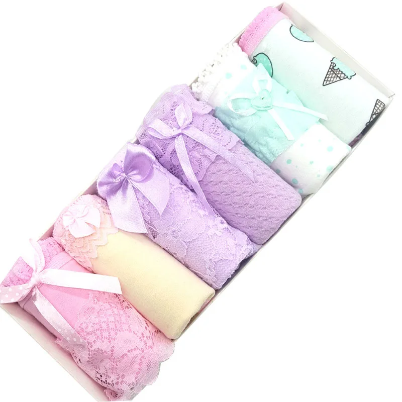 

Women's Underwear Loaded Cotton Cartoon Cute Low Waist Student Briefs Panty Ladies Panties Stripper Pink Lace Bow Shorts 6pcs