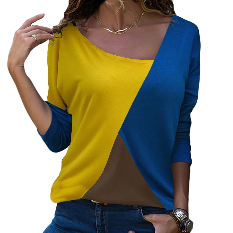 New T Shirt Women Fashion Patchwork Color Block Shirt Leisure Long Sleeve Top Cotton Casual Loose T-Shirt Ladies Office Top