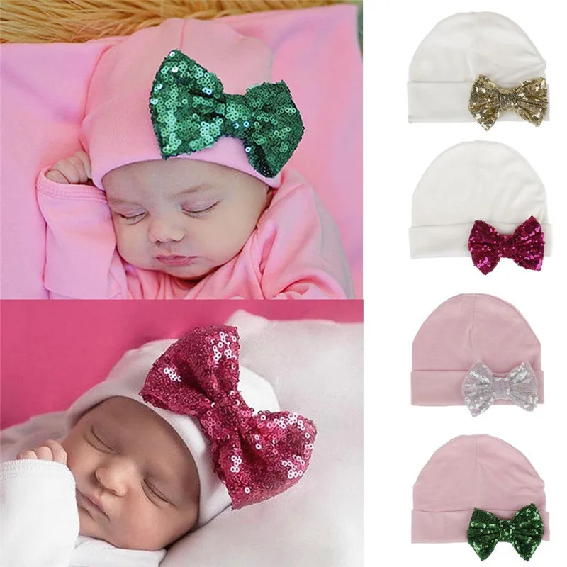 Однотонная детская шапка с бантом для девочек; хлопковая шапочка для сна с блестками; аксессуары для малышей; реквизит для фотосессии для новорожденных; шапка; casquette enfant