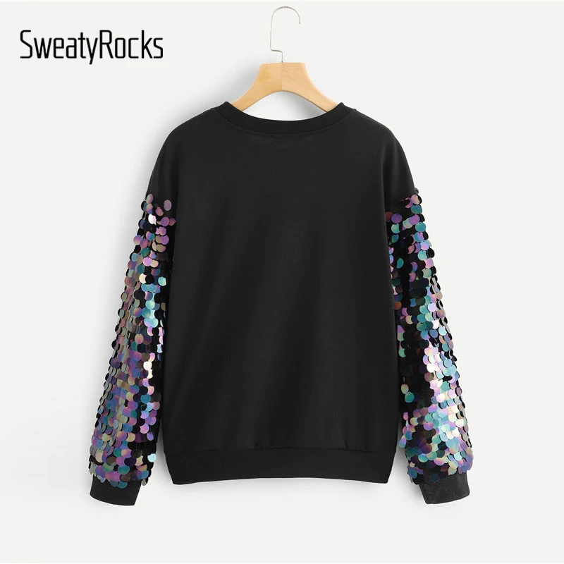 SweatyRocks الأسود التباين الترتر طويلة الأكمام السترة نشط شيك النساء قمم طاقم الرقبة 2018 الخريف عارضة المرأة بلوزات