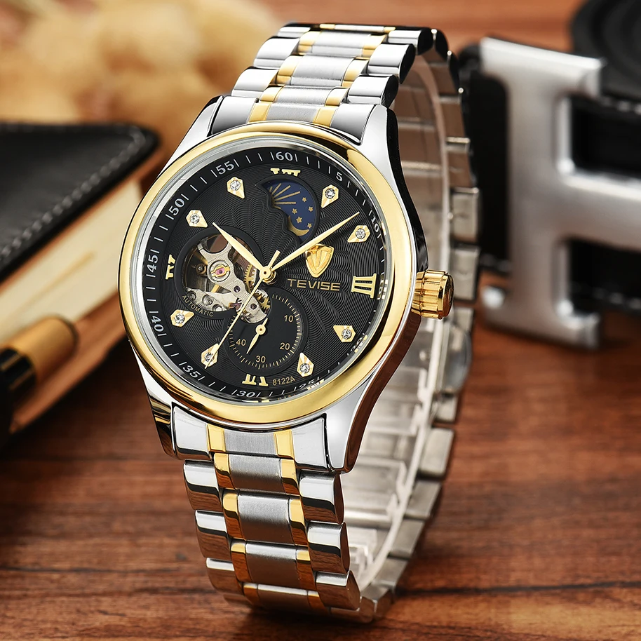 TEVISE الذاتي لف الساعات الرجال ساعات آلية القمر الأزياء عارضة المرحلة الفولاذ المقاوم للصدأ التلقائي حركة ساعة اليد 8122A TEVISE الذاتي لف الساعات الرجال ساعات آلية القمر الأزياء عارضة المرحلة الفولاذ المقاوم للصدأ التلقائي حركة ساعة اليد 8122A
