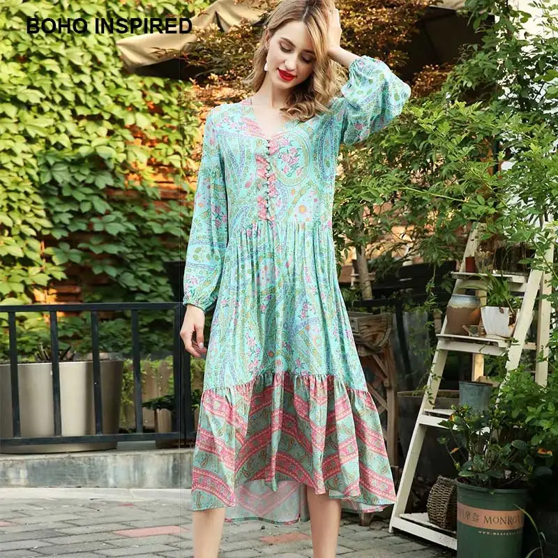 boho dress green floral print long sleeve patchwork buttons front V ...