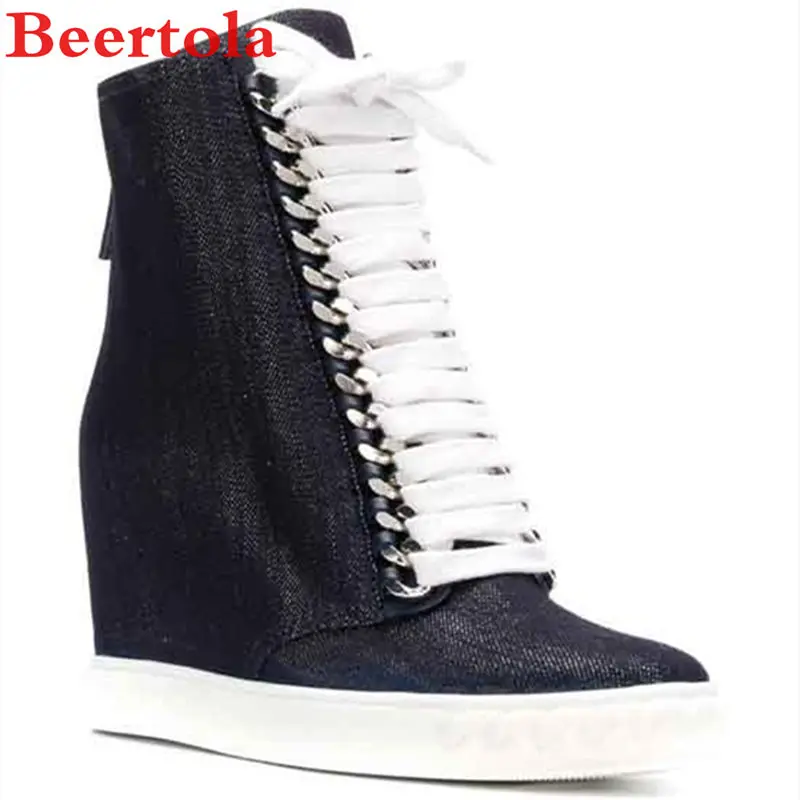 

2019 New Denim Women's Wedge Shoes Zip Round Toe Solid Lace Up Metal Buttonhole 8CM Height Increasing Casual Flats Shoes Women
