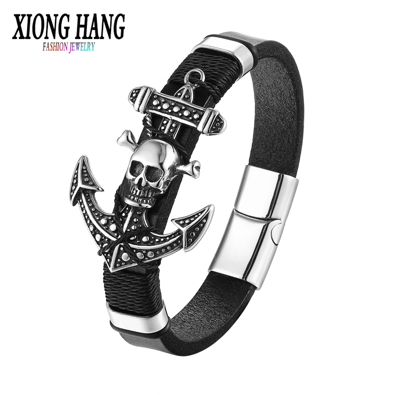 

XiongHang 2017 Fashion Stainless Steel Hook Accessory Genuine Leather Chain Bracelet Men Vintage Male Skeleton Hook Jewelry