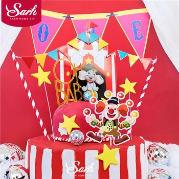 

Circus Clown Elephant Cake Topper Oh Baby Happy Birthday Shiny Decoration for Children's Boy Girl Kid Party Supplies Sweet Gifts