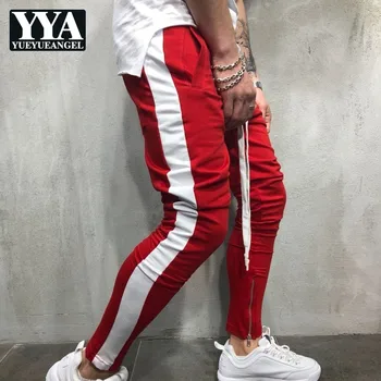 

Hip Hop Style Men Color Patchwork Foot Zipper Full Length Pencil Pants Drawstring Cotton Blends Fitness Fashion Male Sweatpants