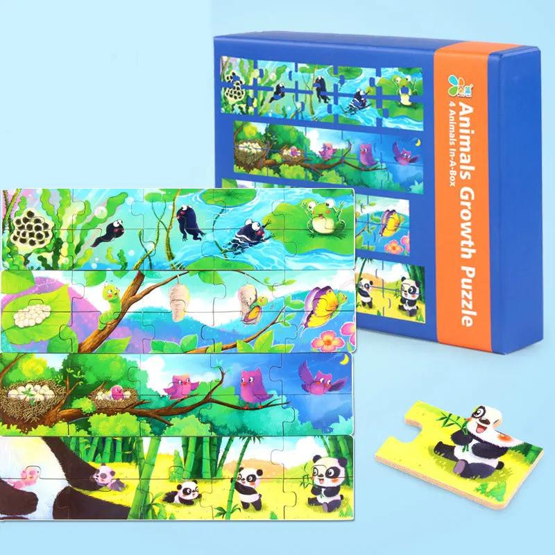

Free shipping Kids Animal Growth puzzle 4 Animal In-A-Box toys wooden puzzles toys for children wood cartoon puzzles toy gift
