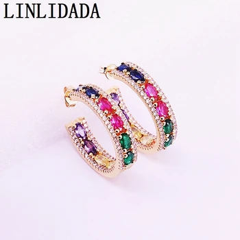 

3Pairs Gold Filled Rainbow Colorful CZ Circle Stud Earrings Girl Women New Fashion Jewelry
