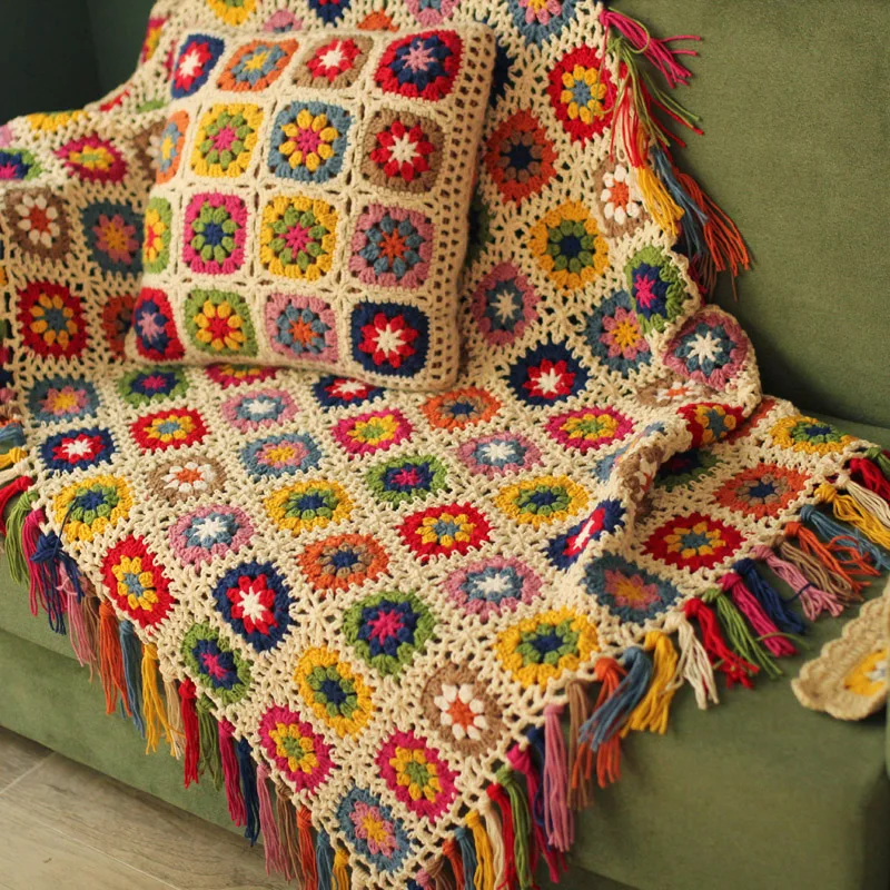 

hot sale DIY Multi colours cushion Hand hooked fashion crochet blanket with tassels cushion felt pastoral style gift 40*40