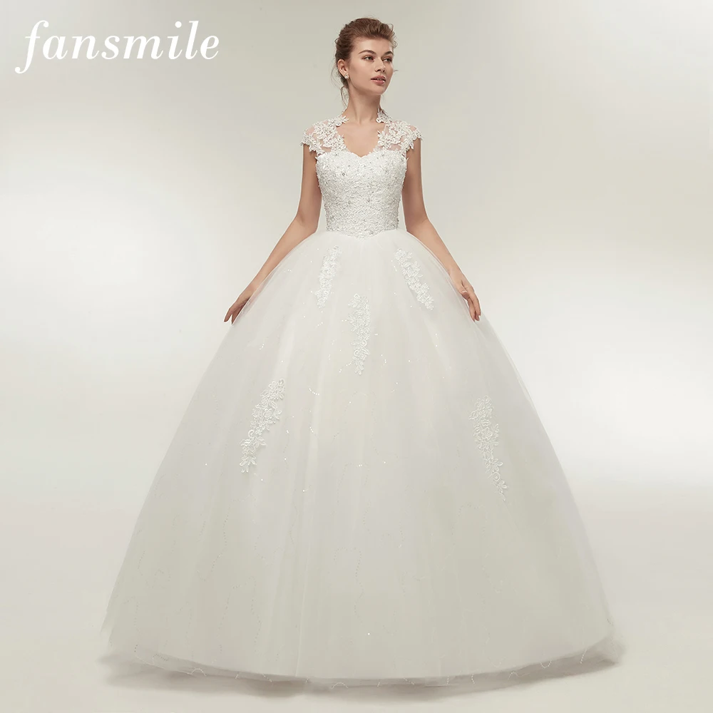 

Fansmile Short Sleeve Princess Lace Wedding Dresses 2019 Plus Size Vintage Ball Gowns Robe de Mariage Vestido de Novia FSM-059F