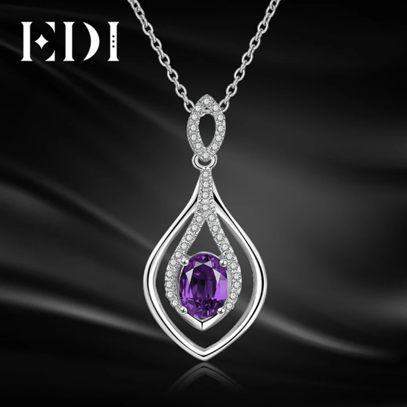 

EDI Woman 925 Sterling Silver Solid Chain Necklace Birthstone Oval 2ct Natural Amethyst Pendant Necklaces For Women Jewelry Gift