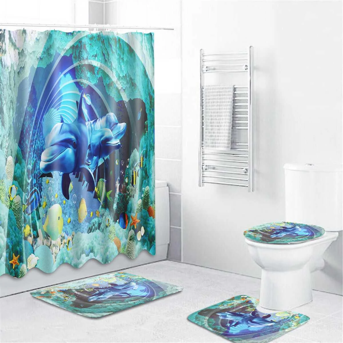 4PCS 180x180cm Waterproof Underwater World Dolphin Shower Curtain Floor Mat With 12 Hooks For Home Bathroom Tub Bathtub Decor