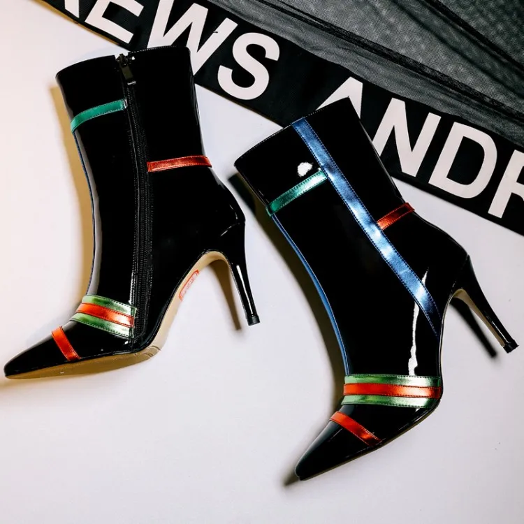 Г., ботильоны из натуральной лакированной кожи женские разноцветные ботинки на высоком каблуке в стиле пэчворк женские модные полусапожки
