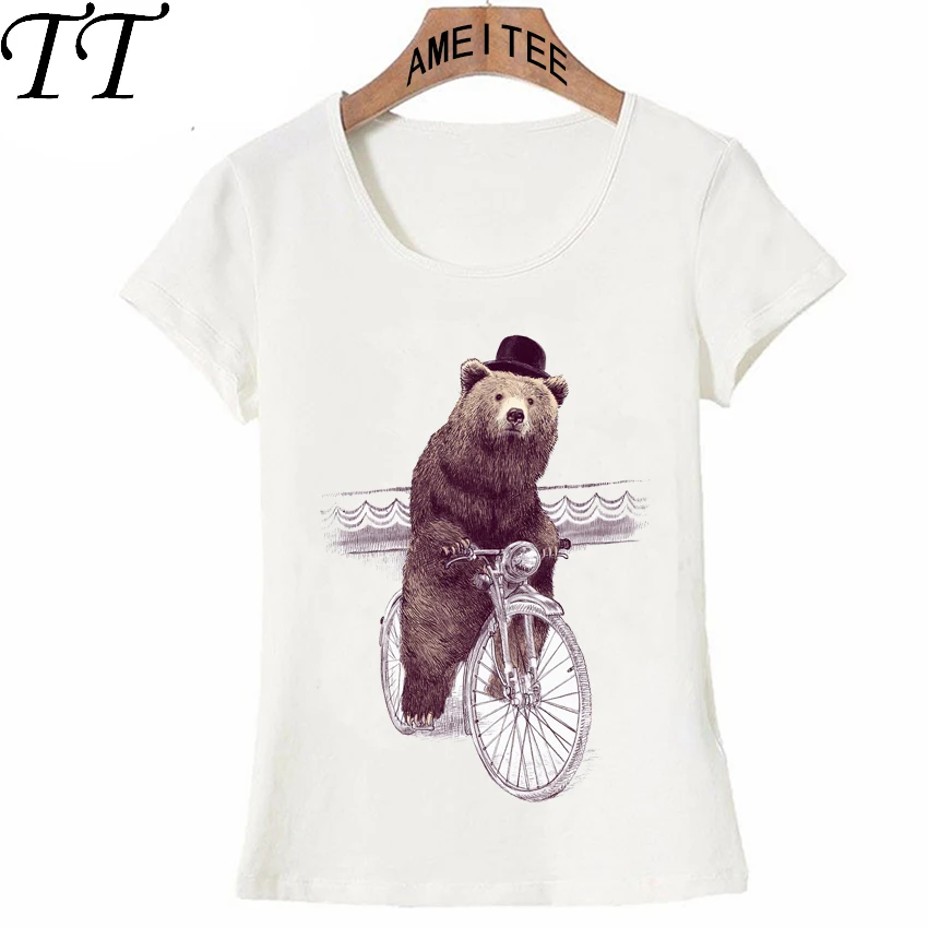 Новый летний Для женщин футболка Hipster медведь едет на велосипеде с серыми