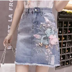 2019 летние Для женщин Высокая талия мини-юбки плюс Размеры лоскутное цветочный джинс юбки трапециевидной формы Женская мода повседневные