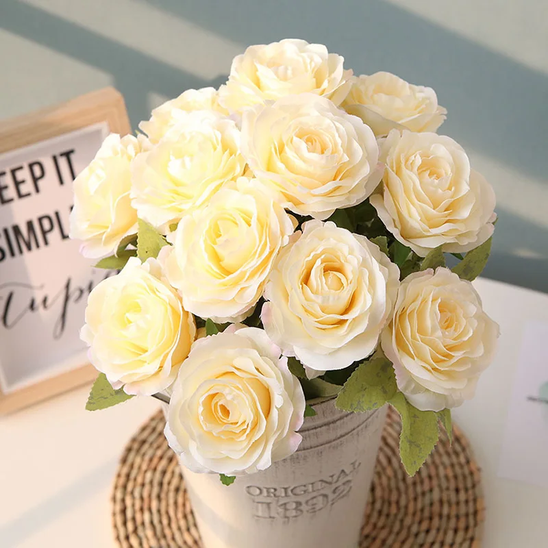 Flone Artificial Silk Rose Flower Bouquet Fake Flowers 12 Head Small Fresh Wedding Rose Decoration Home Decoration Accessories (12)