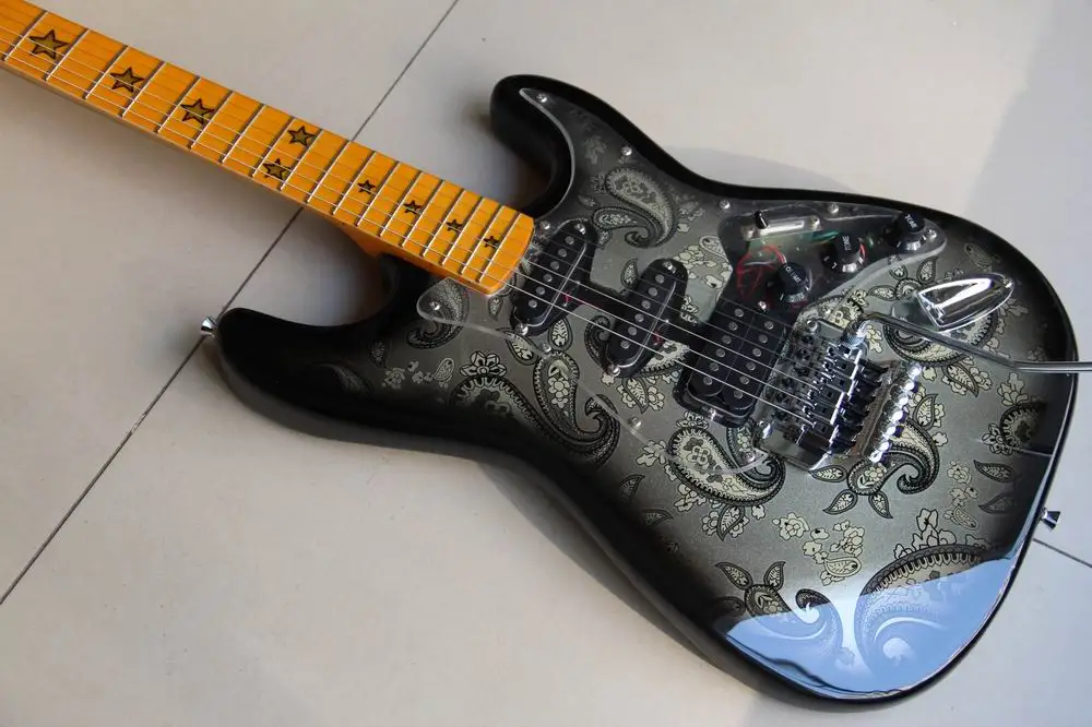 New Arrival Fr STR electric guitar 3 pickups Guitarra electrica Transparente pickguard in black 111120