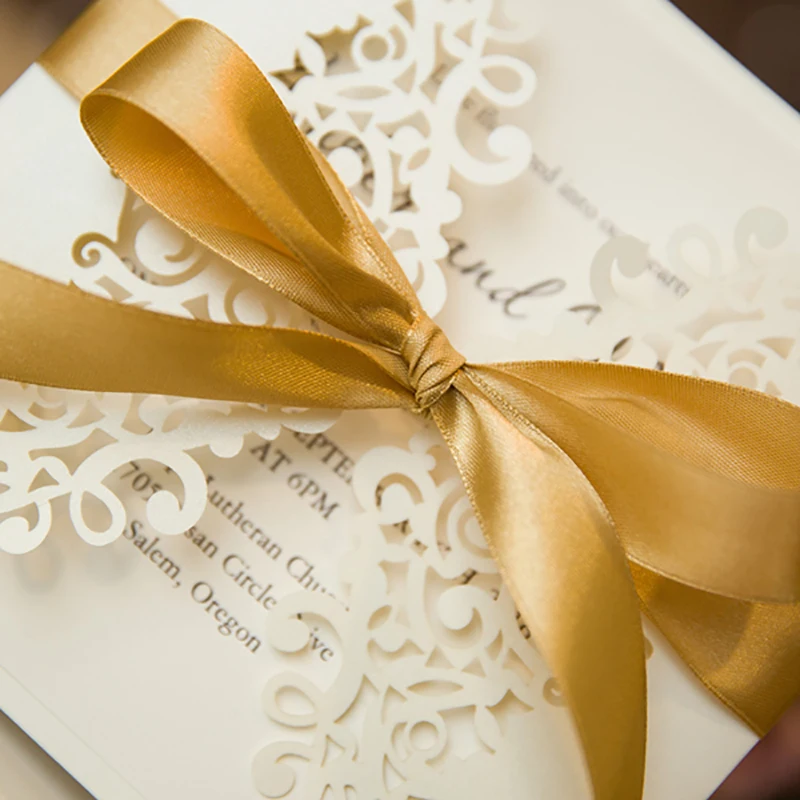  10 Packs White Ribbons Bow Wedding Invitaitons Cards Print Customize Fold Invitation Card Laser Cut - 32869354155