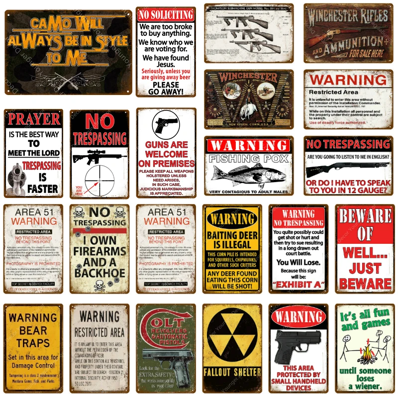 

Area 51 Warning Fishing Pox Metal Signs No Soliciting Winchester No Trespassing Vintage Wall Painting Poster Bar Home Decor