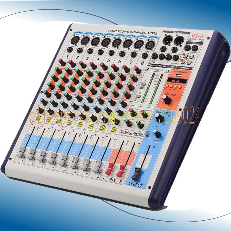 Professional 8 Channel Mixer with Bluetooth USB 48V Phantom Power Stage