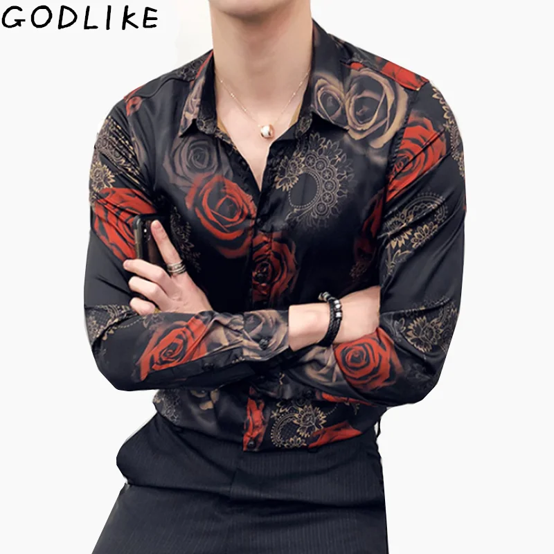 

2019 Spring Floral Print Shirt for Men new FashionLlong sleeve Flower Mens streetwear shirts male Casualslim flower Shirt camisa