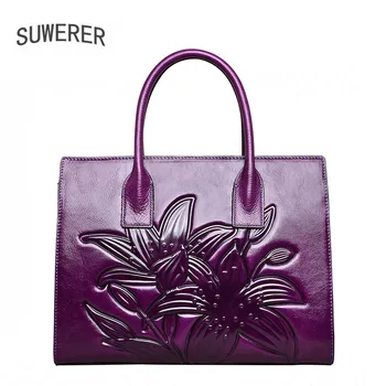 

SUWERER 2019 New Women Genuine Leather bags fashion luxury top cowhide Crocodile pattern bags for women leather handbags