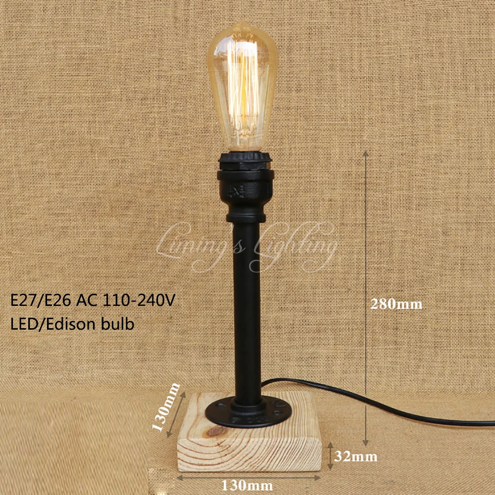 Vintage Retro Black Workroom Water Pipe Steam Punk Table Lamp With Switch E27 / E26 Led Lights For Bedroom Bedside Office Study