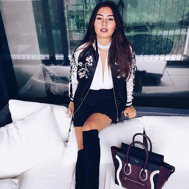 AZULINA Reversible Jacket Coat Floral Embroidered Bomber Jacket Women Autumn Flower Baseball Basic Jacket Female Black Coat 2018