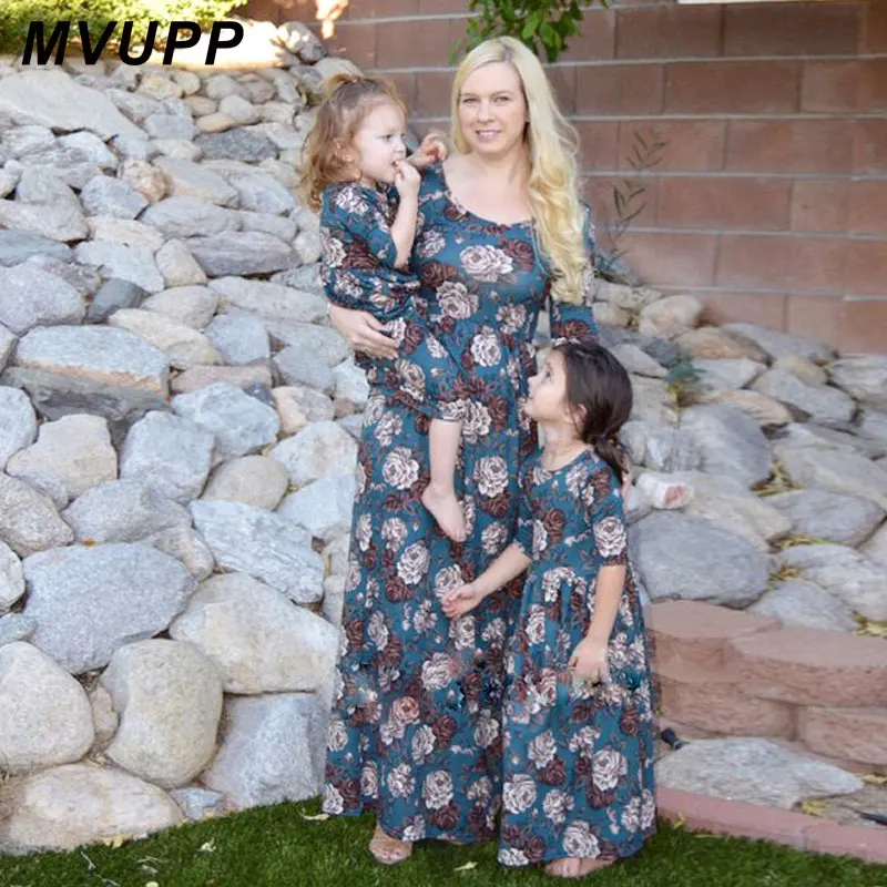 

fashion mother daughter dresses for print floral pink mommy and me matching clothes family look clothing mom mum baby Maxi dress