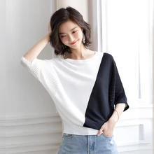 Новая летняя элегантная женская льняная футболка с рукавом «летучая мышь», цветной пуловер в стиле пэчворк, топы, женская льняная трикотажная тонкая рубашка