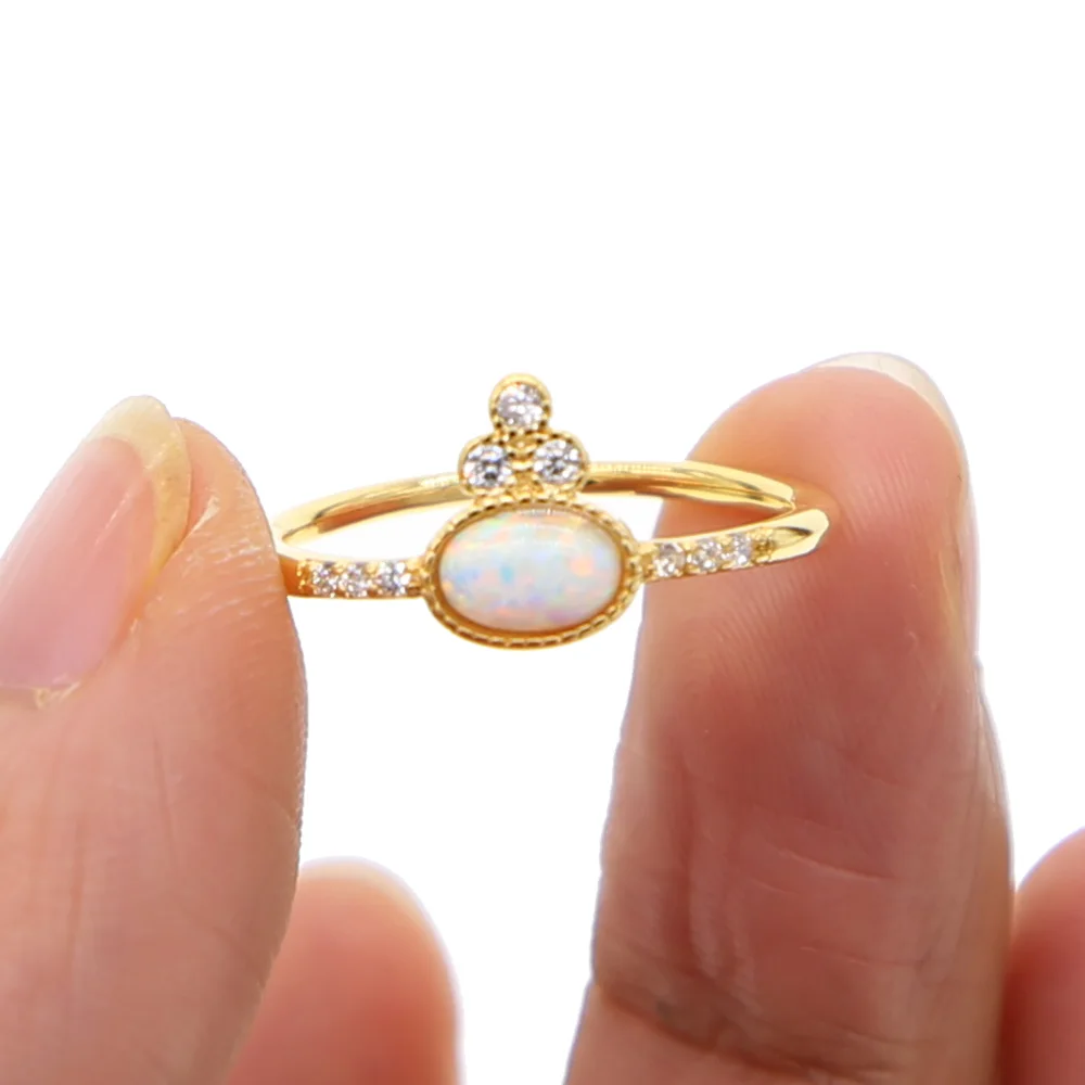 

oval egg shape opal fire ring with mini cz stone charm ring jewelry delicate thin ring gold color simple cute women ring factory