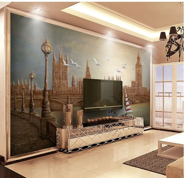 8d peral Wallpaper Mural wall European style living room and Tv
