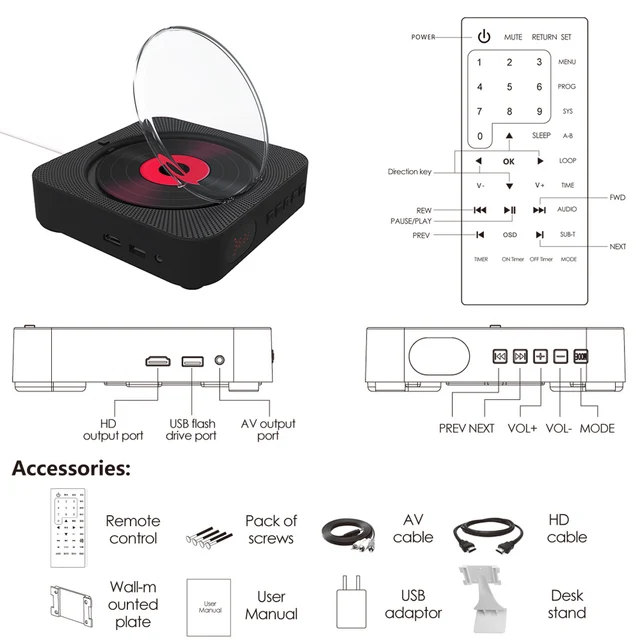 AV Port DVD Player Portable Wall Mounted Bluetooth HiFi CD Music Player with Remote Control FM Radio Boombox Desk Stand