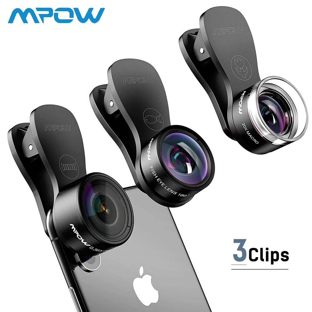 

Mpow 3 in 1 Clip-On Mobile Phone Lens Kits 180 Degree Wide Angle Macro Fisheye Lens + 0.36X Wide Angle Lens + 20X Macro Lens