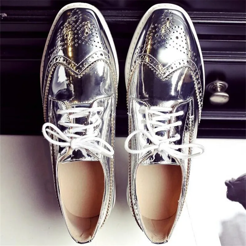 Plus Size 32-48 Women Pumps Oxfords Fashion Patent Leather Wedges Women Shoes Black Silver Lace Up Ladies Brogue Shoes High Heel (13)
