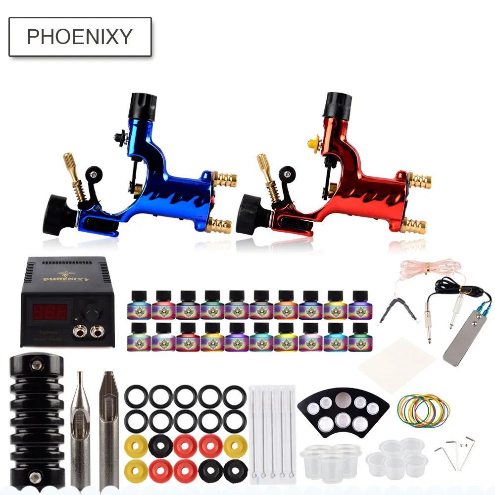 

Tattoo Set Complete 2Rotary Machine Guns Kit 20 Color Inks LCD Power Supply Tattoo Accessories Permanent Makeup Professional Kit
