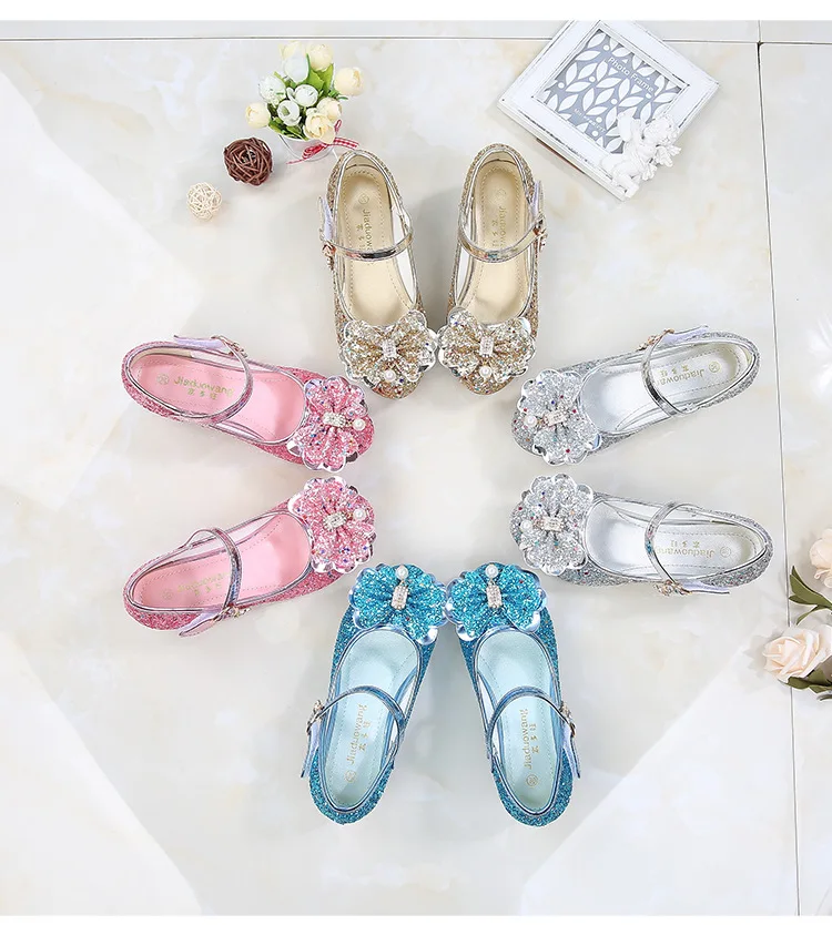 ULKNN Princess Kids Leather Shoes For Girls Flower Casual Glitter Children High Heel Girls Shoes Butterfly Knot Blue Pink Silver