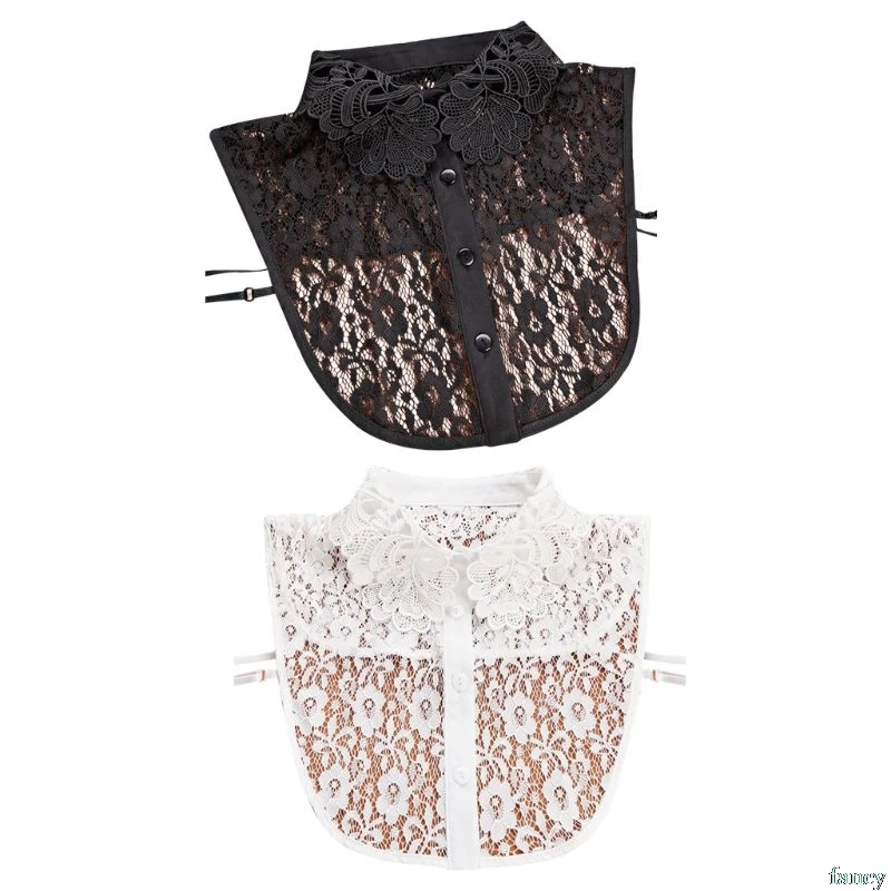 

Women Blouse Sweater Round Neck Fake False Collar Detachable Sheer Embroidered Floral Lace Solid Half Shirt Tie Button Apparel