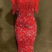 Мигающее блестящее длинное платье с кисточками, сексуальные женские вечерние платья для бара, платье для дня рождения, платье для певицы, концерта, танцевальные костюмы