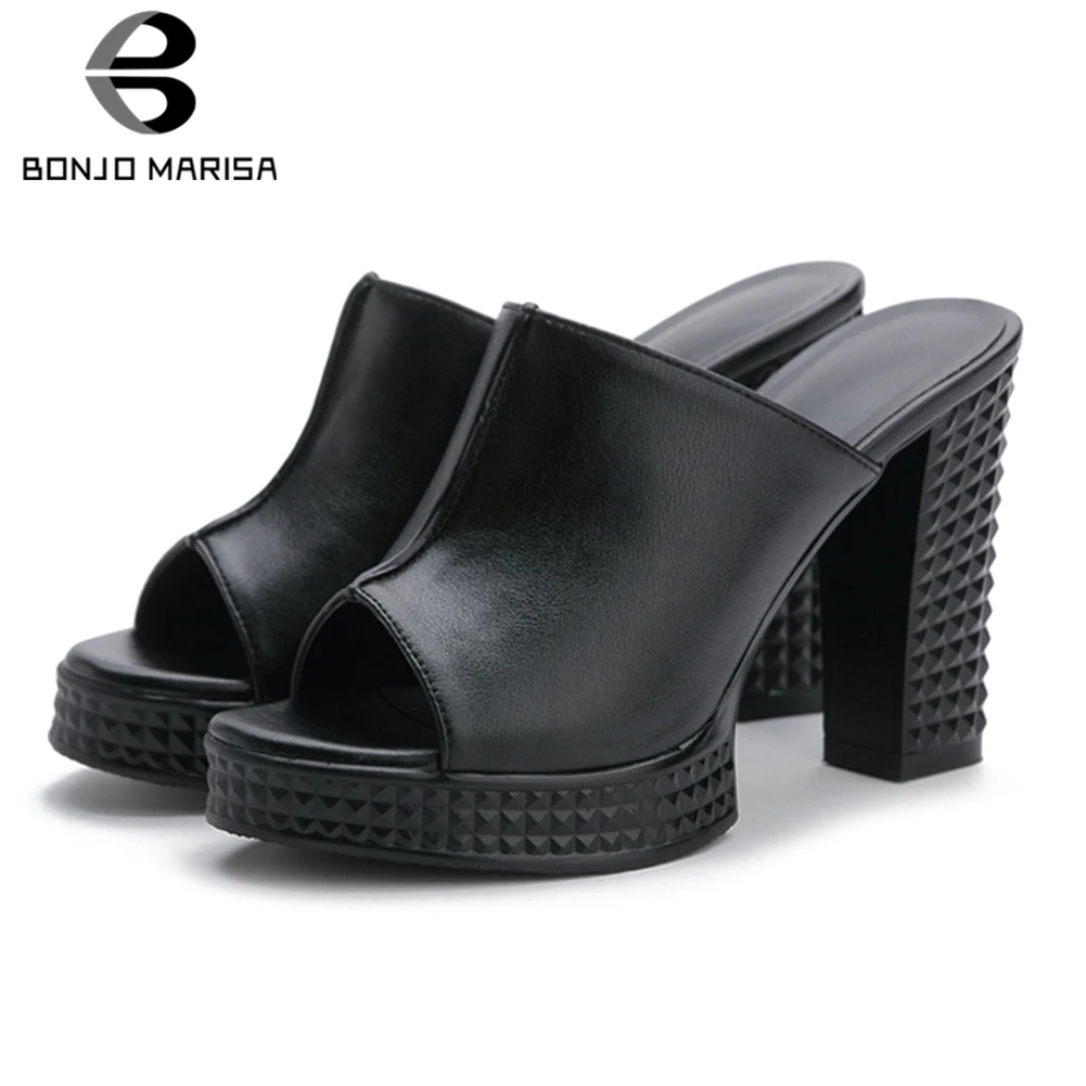 

BONJOMARISA Concise Cow Leather Paltform Mules Shoes Women Peep Toe High Heels Slippers Pumps Women Shoes Woman Size 34-40