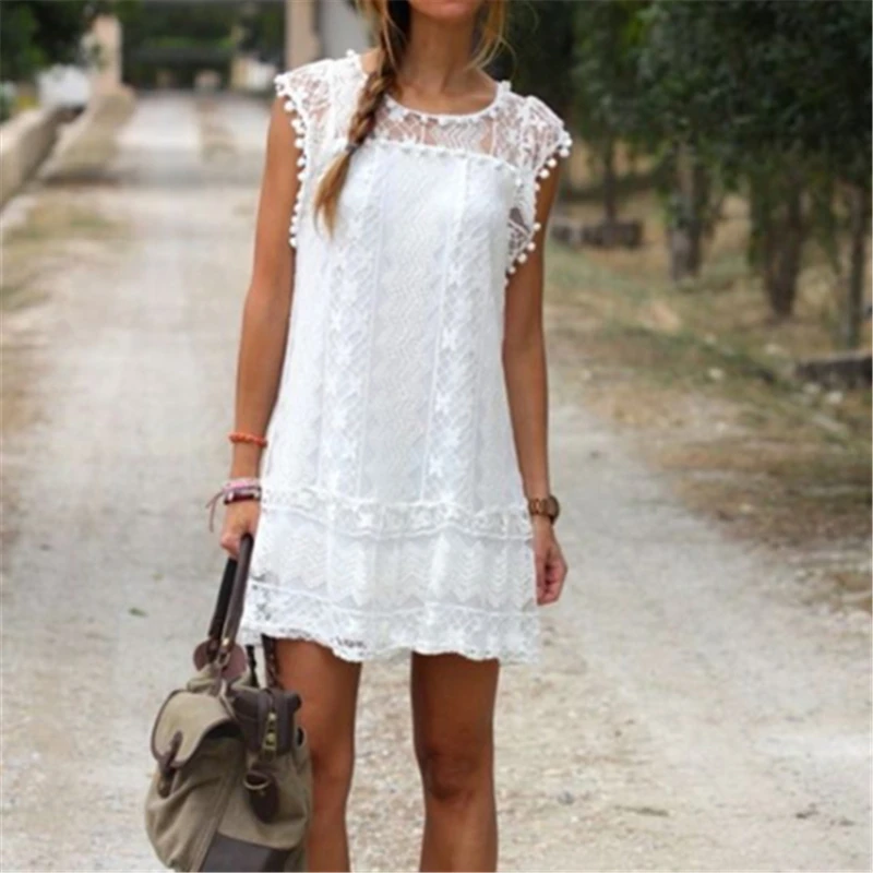 

2019 Women Sexy Lace Hollow Sleeveless Mini Short Beach Dresses For Women Solid White Summer Loose Casual Party Dresses Girls