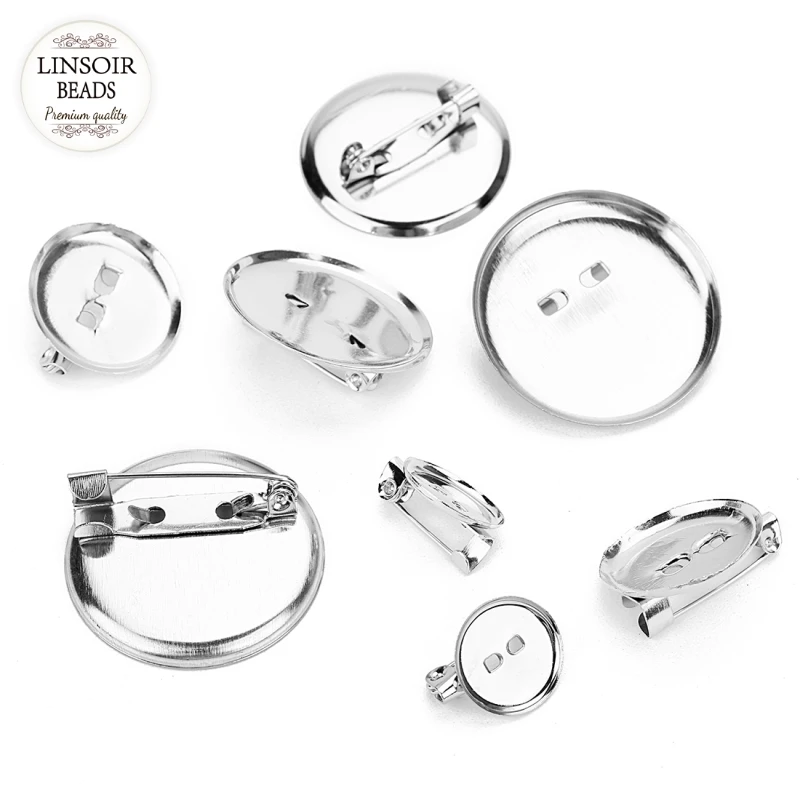 

LINSOIR 50pcs/lot Blanks Brooch Base With Safety Pins Fit 13 19 24 29 mm Round Cabochons Settings Cameo Tray Jewelry Making