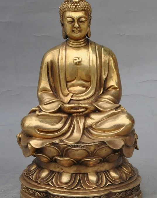 

10" tibet buddhism brass sakyamuni Shakyamuni Amitabha buddha lotus base statue