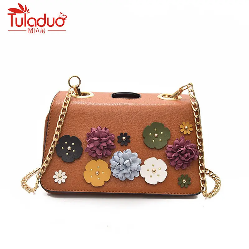 

Fashion Appliques Messenger Bag Fashion Rivet Handbag Chains 2018 Female Crossbody Bags For Women Pu Leather Flowers Women Bag